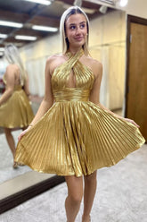 Misshow A Line Golden Criss Cross Halter Pleated Short Homecoming Dress/Mini Dress